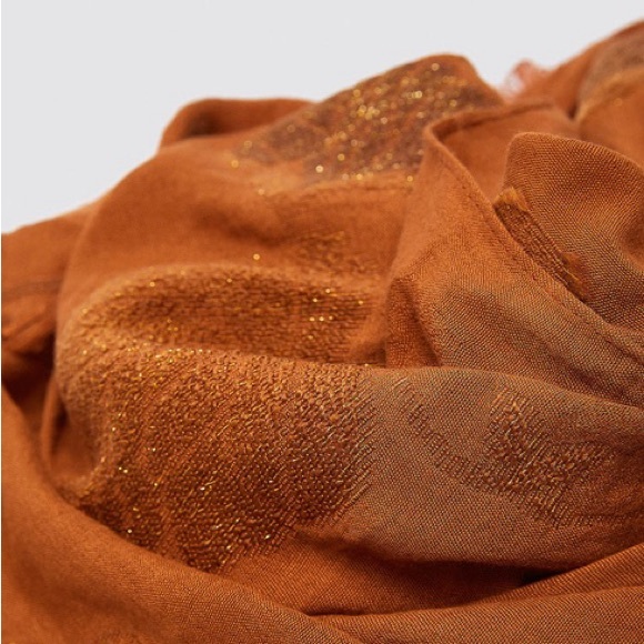 Zara Metallic Thread Floral Orange Scarf - Picture 4 of 11